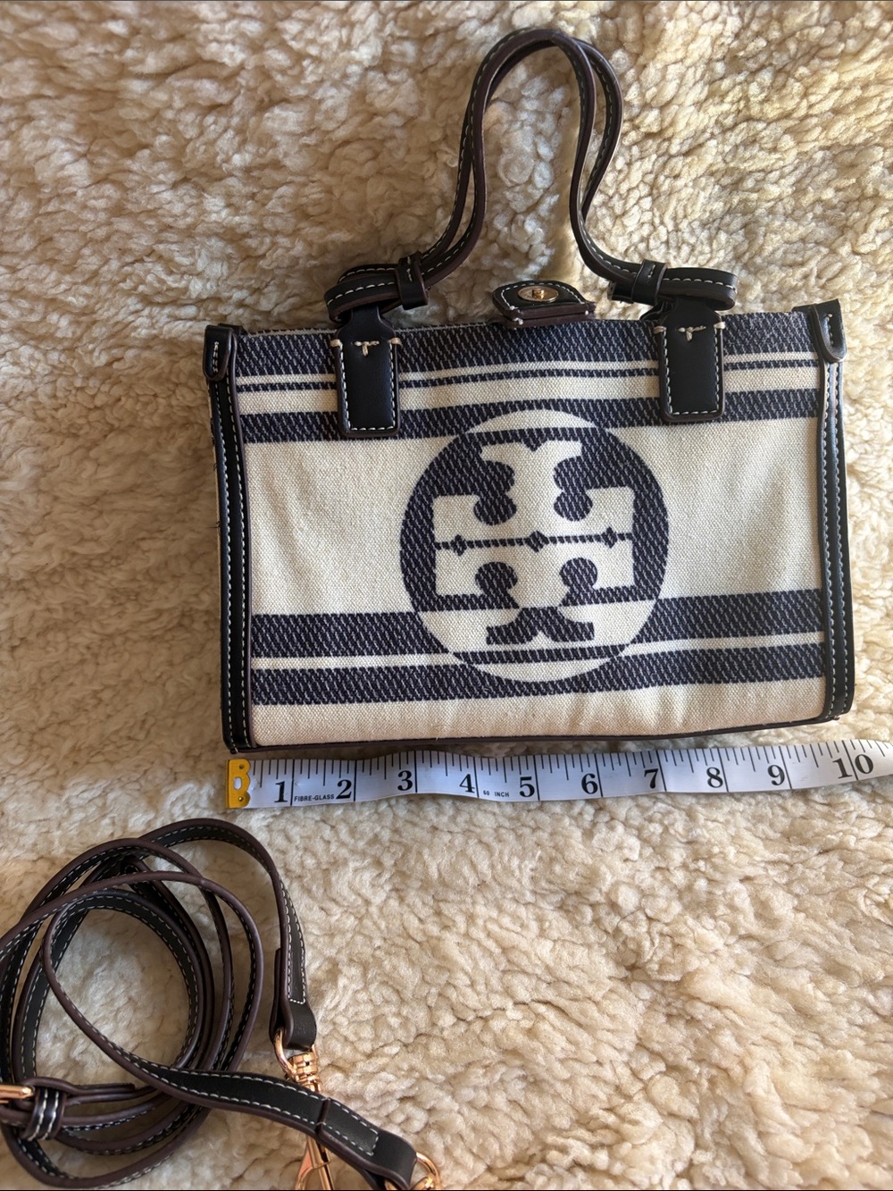 Tory Burch Navy and Cream Canvas Mini Tote with Leather Trim - Picture 5 of 11